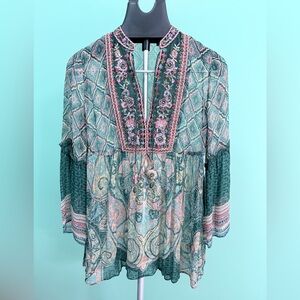 Boho Soft Surroundings Shira Peasant Top in Pink and Green Paisley Combo XS